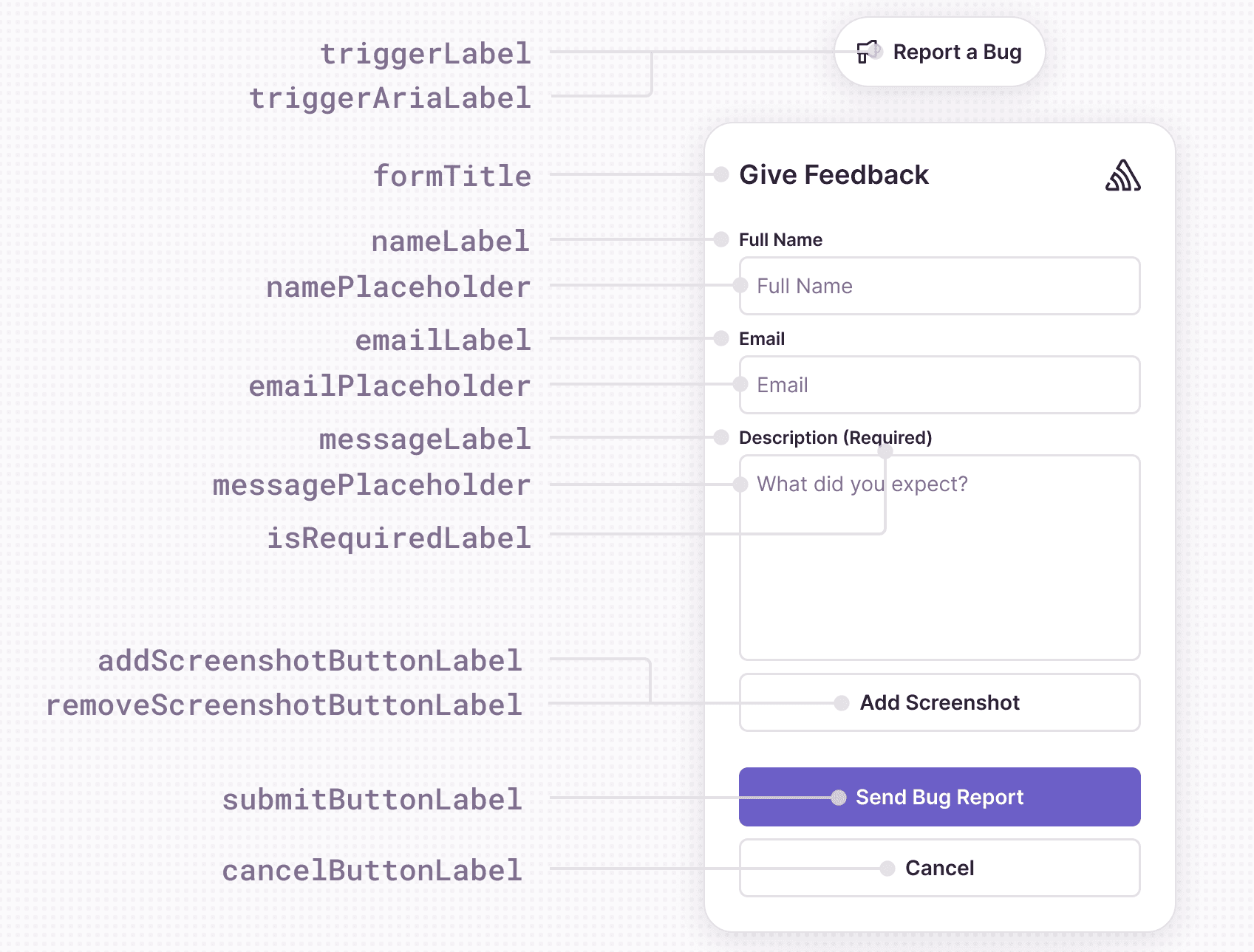 An image showing the main customization options for the User Feedback Widget